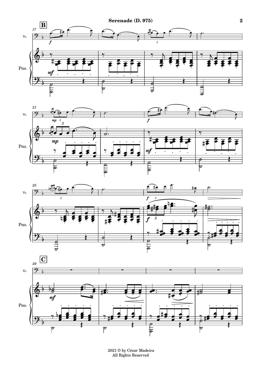 Serenade (D.975) by Schubert - Cello and Piano (Full Score and Parts) Piano scores gallery preview page 3