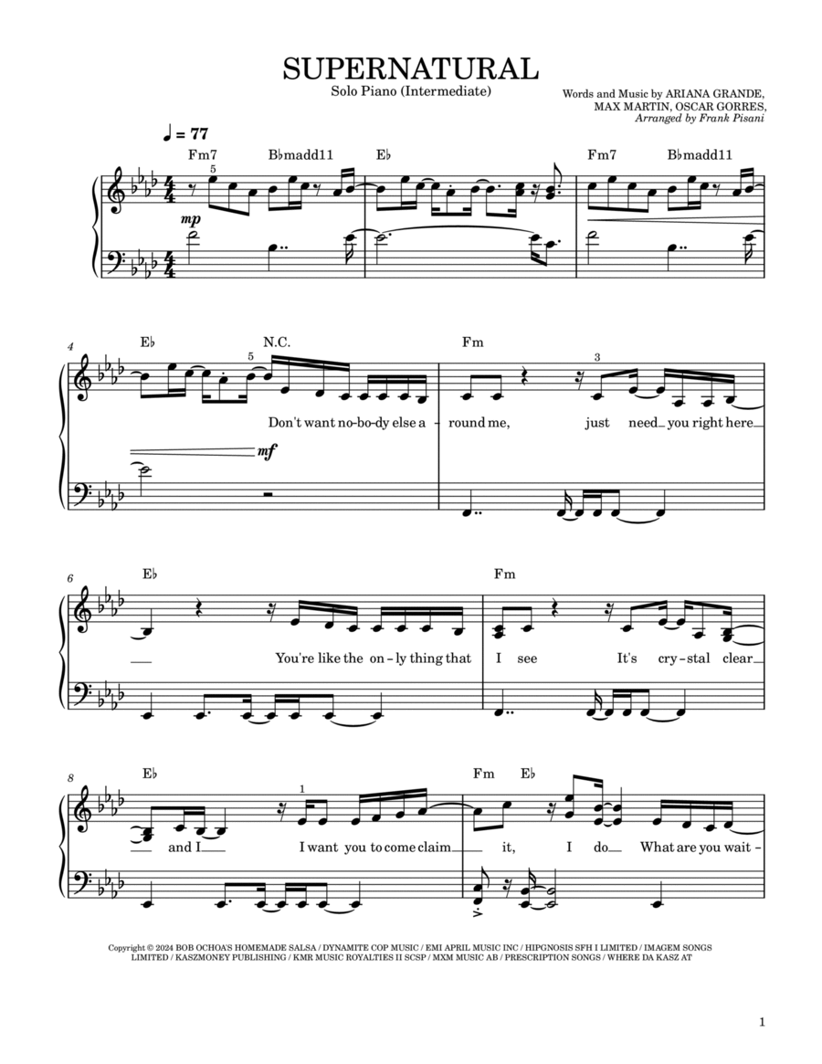 Supernatural Piano Solo scores gallery preview page 1