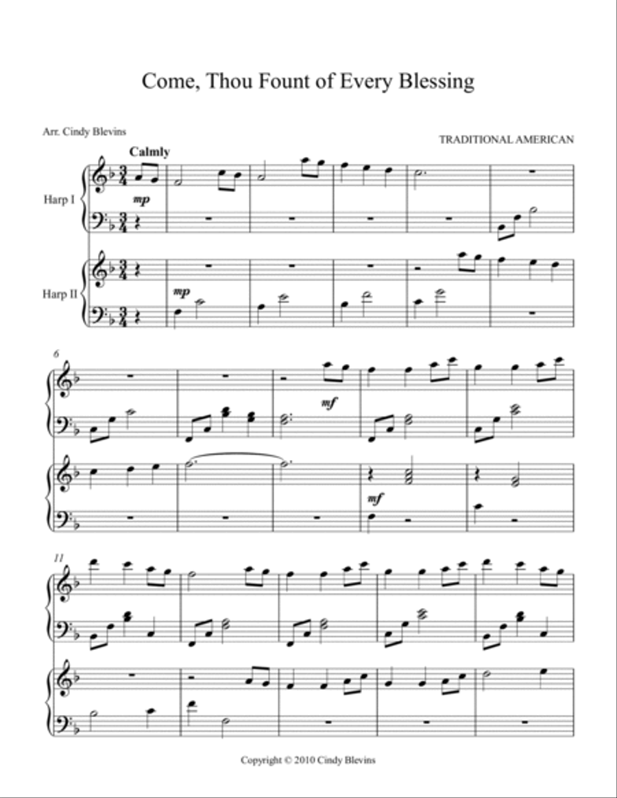 Come, Thou Fount of Every Blessing, for Harp Duet Harp scores gallery preview page 2