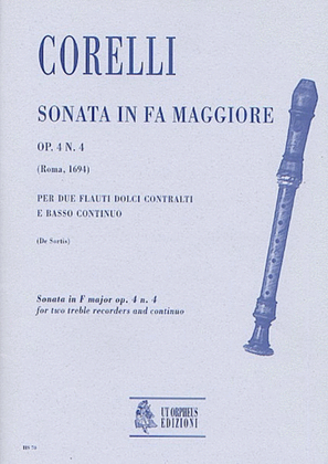 Book cover for Sonata in F Major Op. 4 No. 4 for 2 Treble Recorders and Continuo