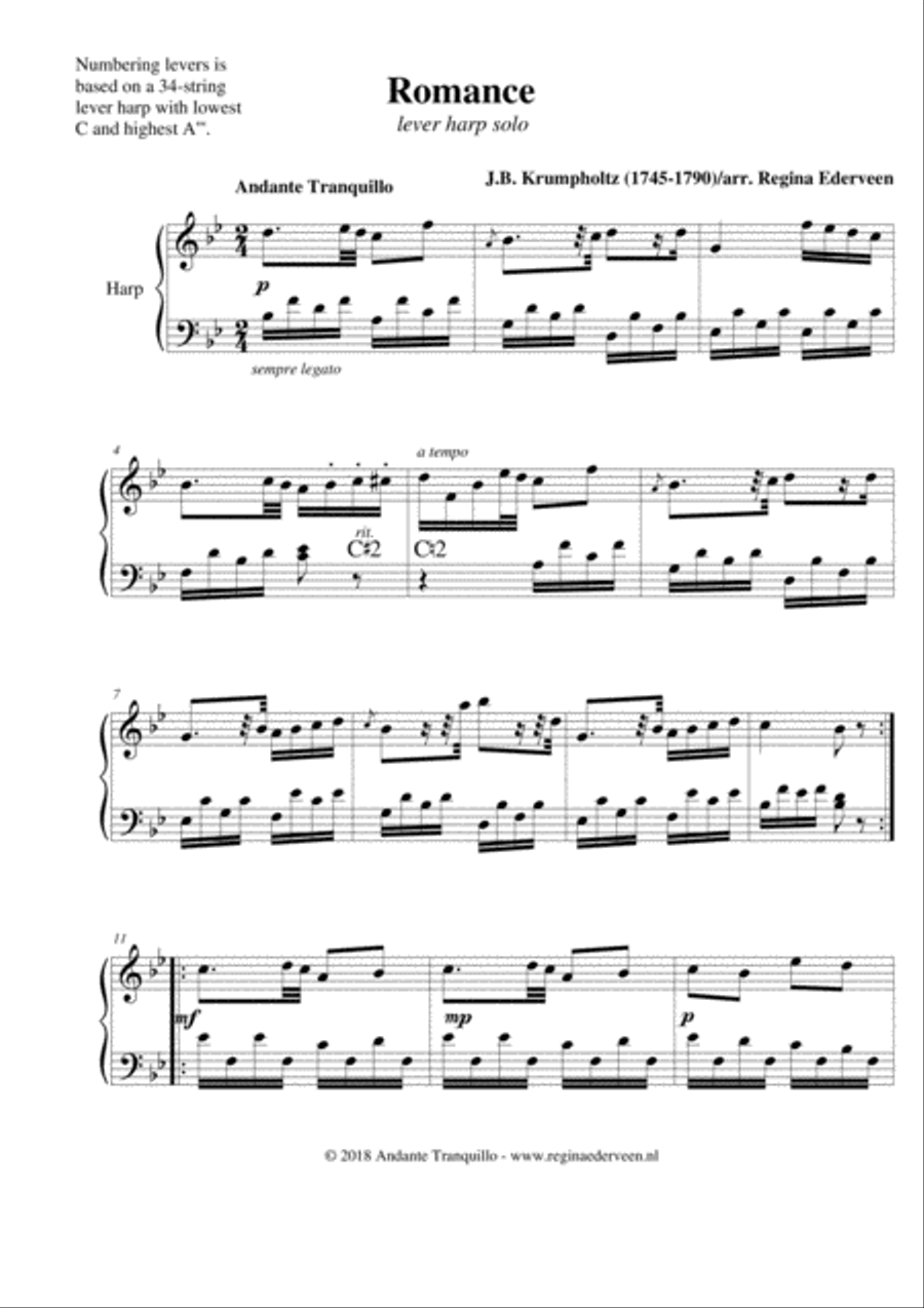 Romance (Krumpholtz) - lever harp solo Celtic Harp scores gallery preview page 1