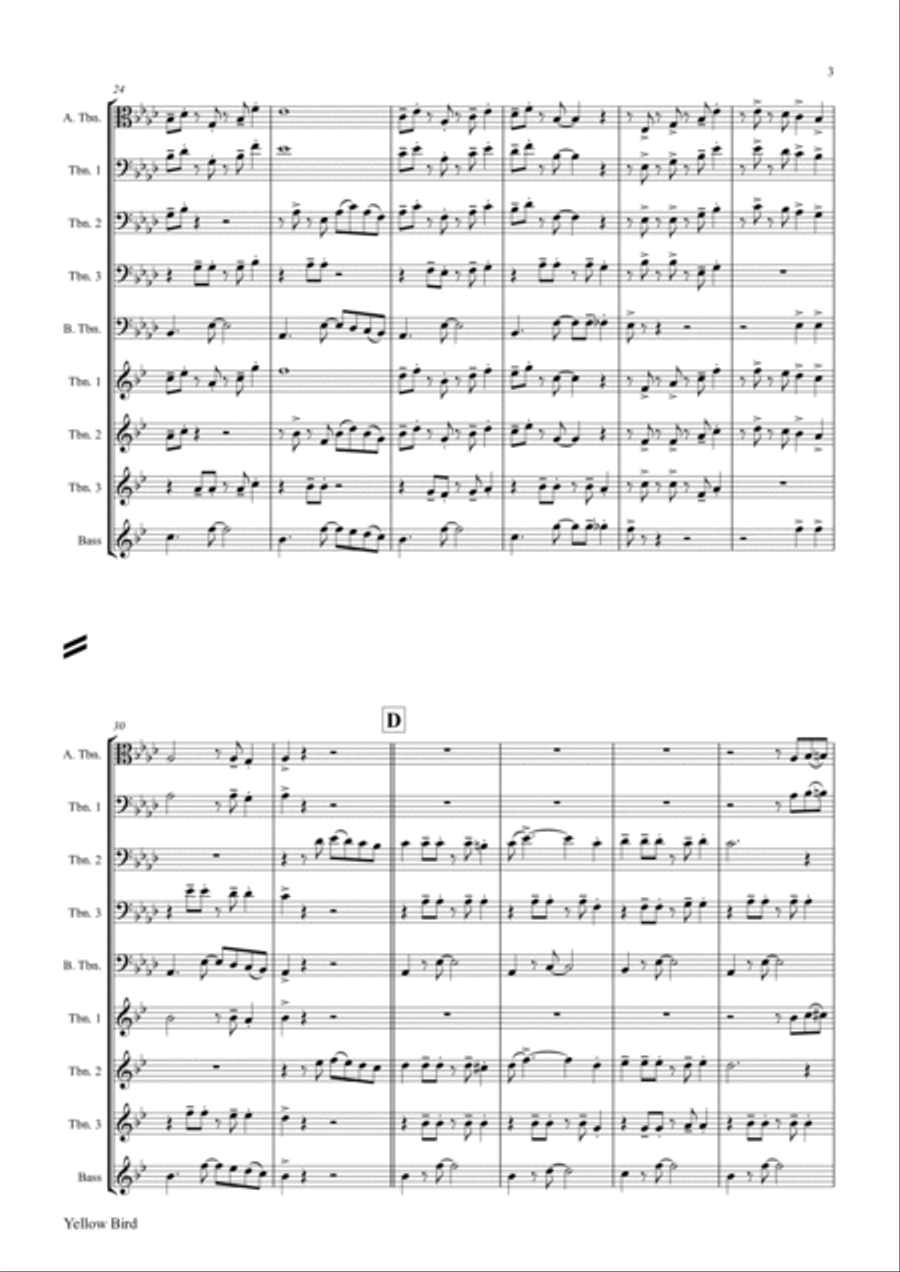 Yellow Bird - Haitian Folk Song - Calypso - Trombone quartet Trombone Quartet scores gallery preview page 3