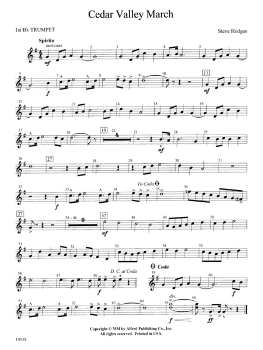 Cedar Valley March: 1st B-flat Trumpet Concert Band scores gallery preview page 1