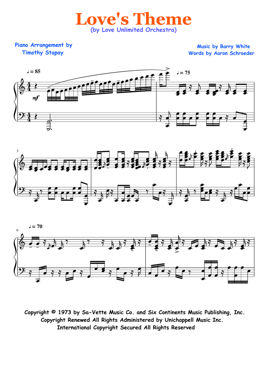 Play Our Love's Theme Piano Solo scores gallery preview page 1