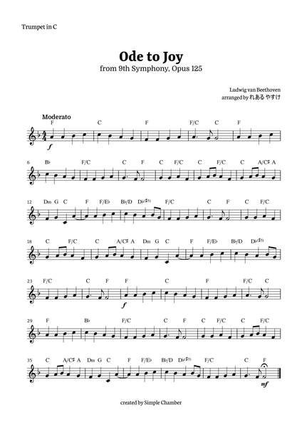 Ode to Joy for Trumpet in C Solo by Beethoven Opus 125 image number null