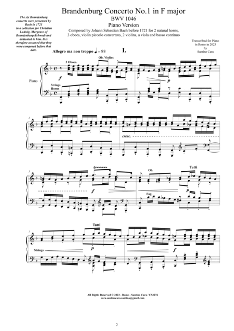 Bach - Brandenburg Concerto No.1 in F major BWV 1046 - Piano Version Piano Solo scores gallery preview page 2