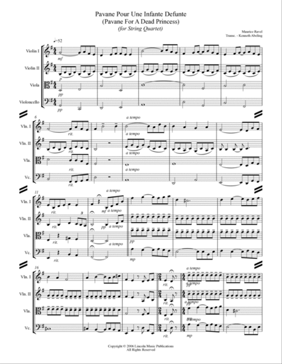 Ravel - Pavane For A Dead Princess (for String Quartet) String Quartet scores gallery preview page 2