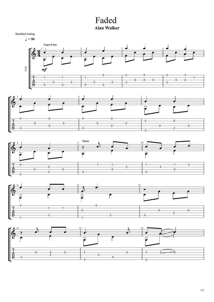 Faded Guitar Tablature scores gallery preview page 1