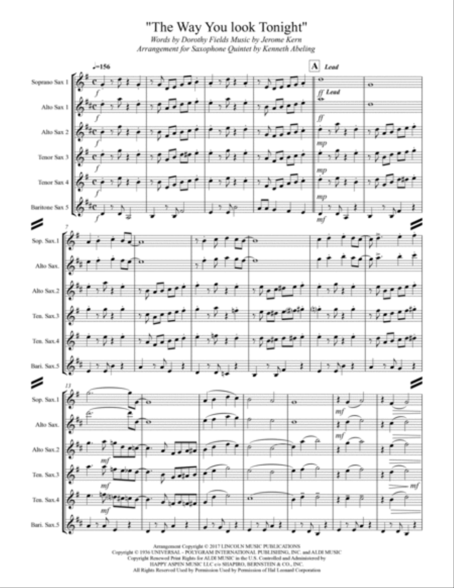 The Way You Look Tonight Saxophone Quintet scores gallery preview page 2