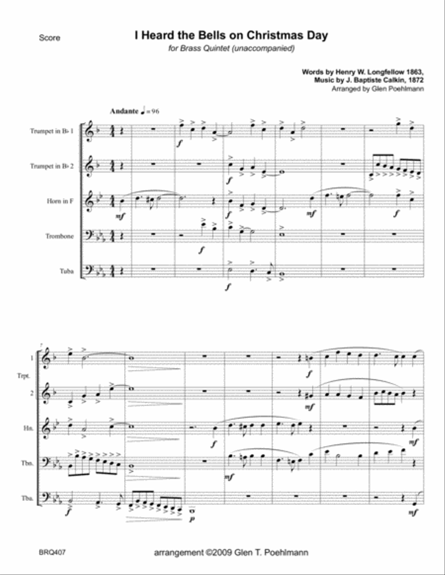 I HEARD THE BELLS ON CHRISTMAS DAY - unaccompanied BRASS QUINTET Brass Quintet scores gallery preview page 1