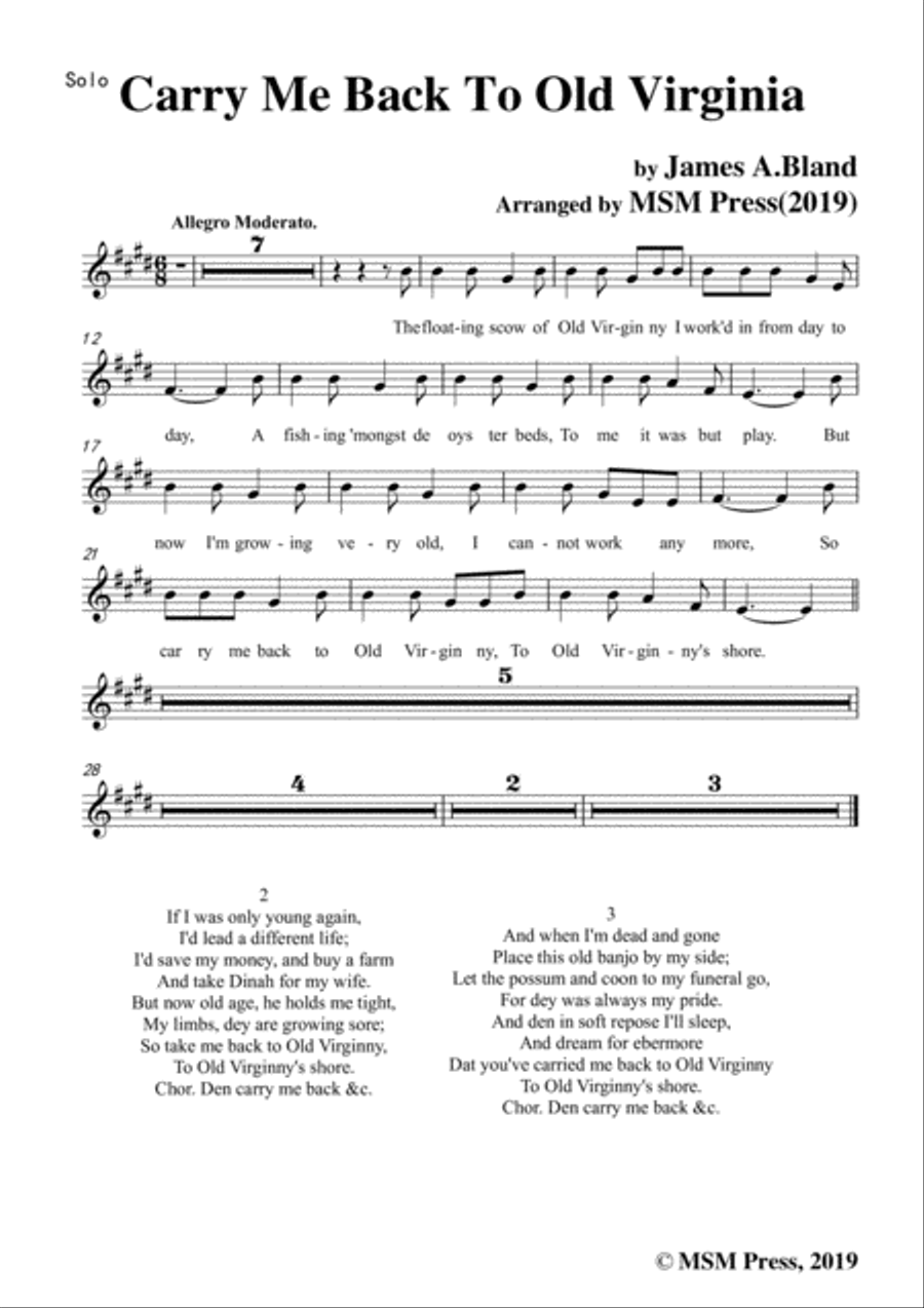 James A. Bland-Carry Me Back To Old Virginny,in E Major,for Voice &Pno Voice scores gallery preview page 6