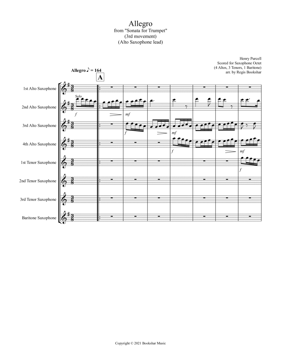 Allegro (from "Sonata for Trumpet") (Bb) (Saxophone Octet - 4 Alto, 3 Tenor, 1 Bari) (Alto lead) image number null