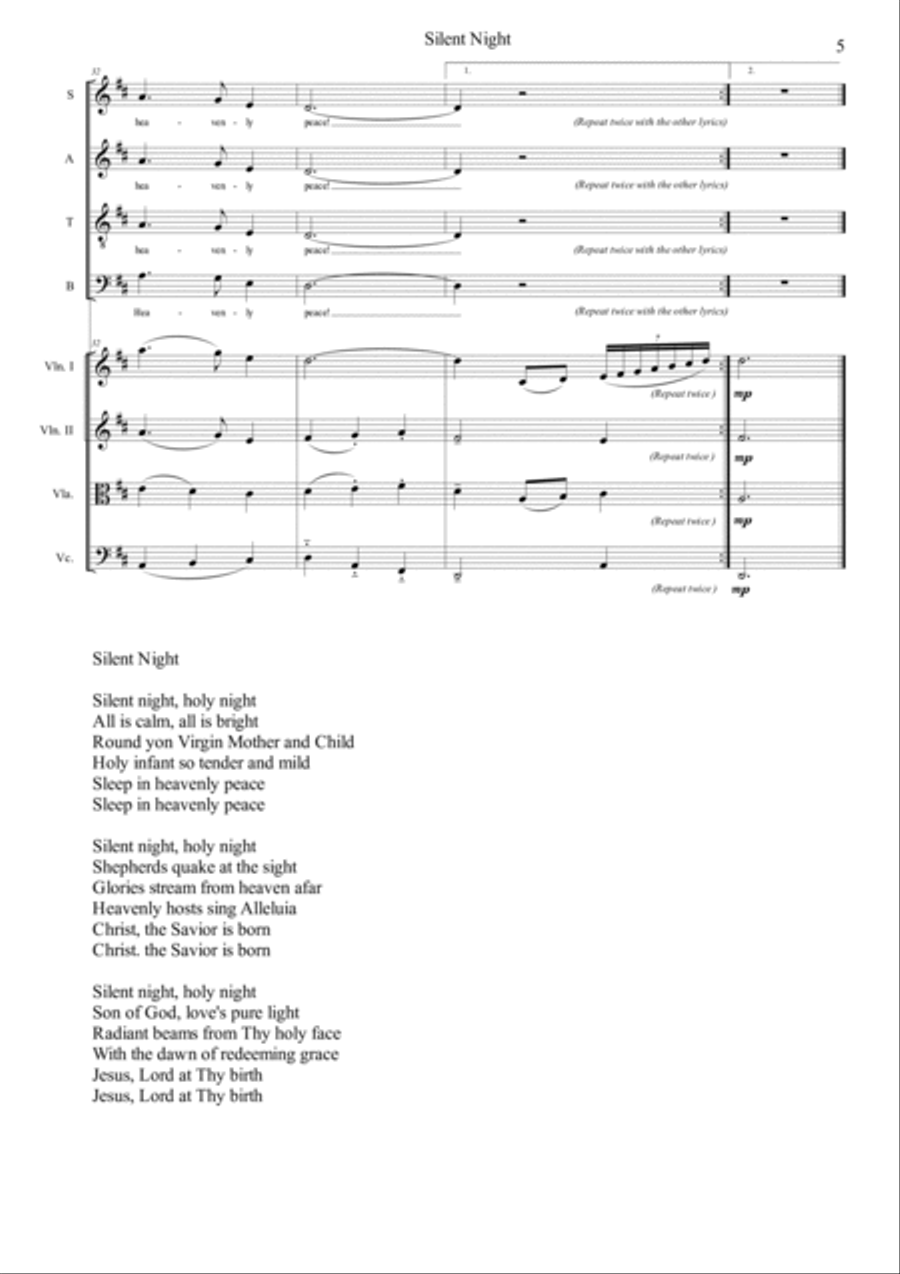 Silent Night (For Choir with String Quartet accompaniment) 4-Part scores gallery preview page 5