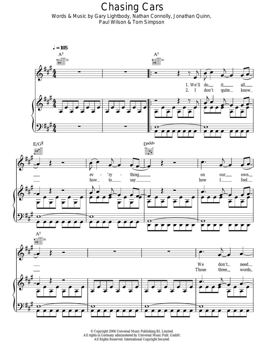 Chasing Cars Piano, Vocal, Guitar scores gallery preview page 1