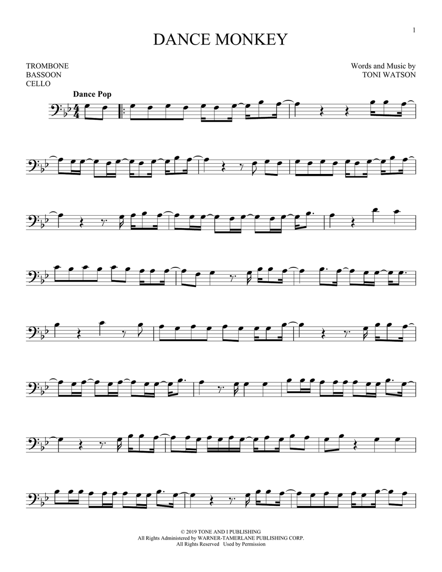 Dance Monkey Bass Clef Instrument scores gallery preview page 1