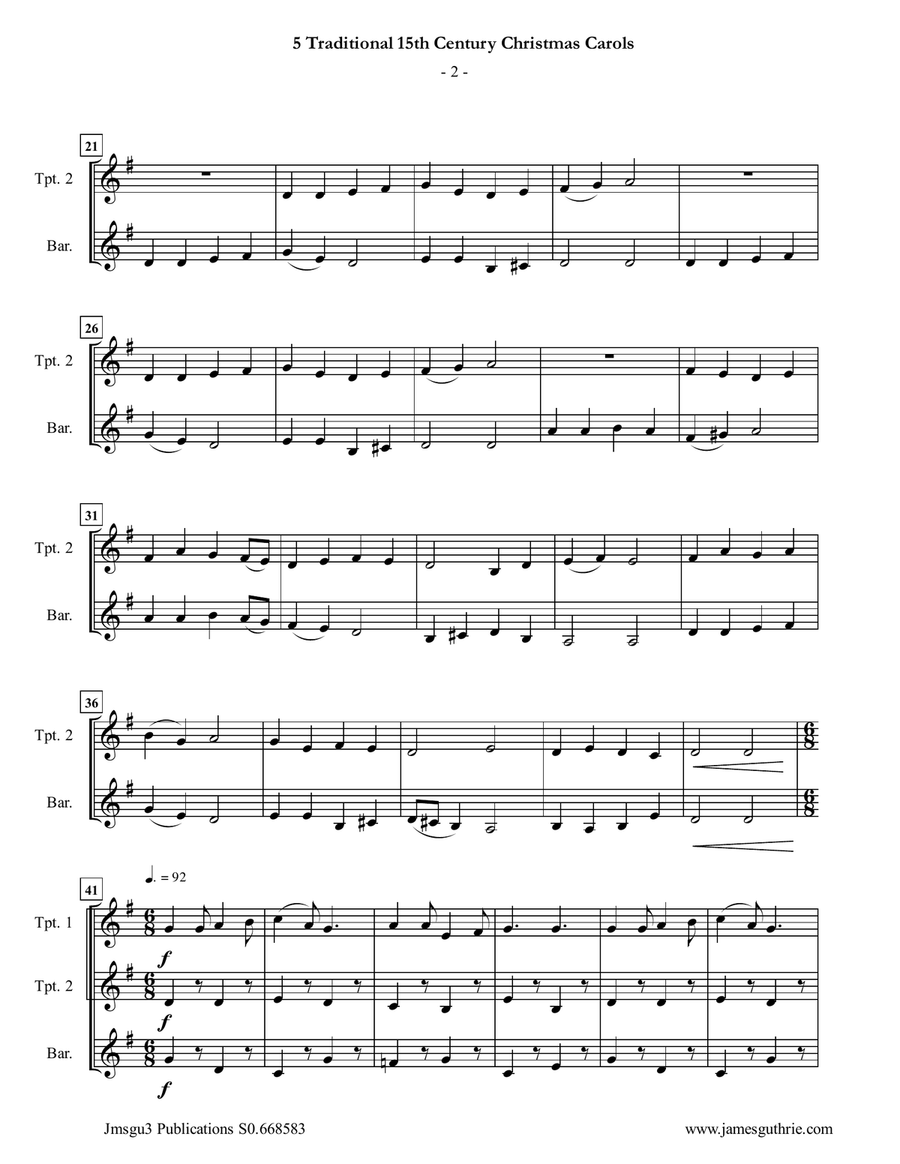 5 Traditional 15th Century Christmas Carols for Trumpet Duo & Baritone Horn Brass Duet scores gallery preview page 2
