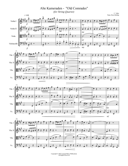 Alte Kameraden - Old Comrades (for String Quartet) by Kenneth Abeling String Quartet - Digital Sheet Music