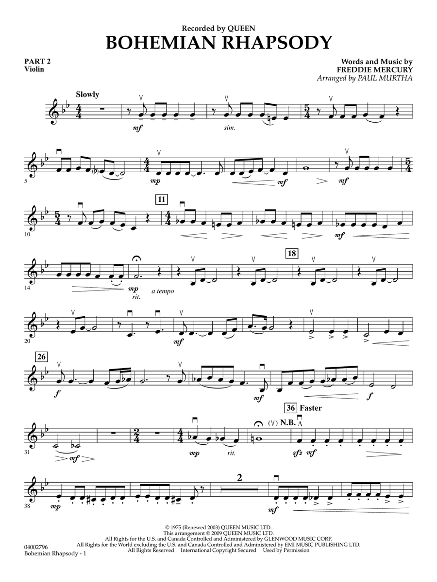 Bohemian Rhapsody - Pt.2 - Violin Concert Band scores gallery preview page 1