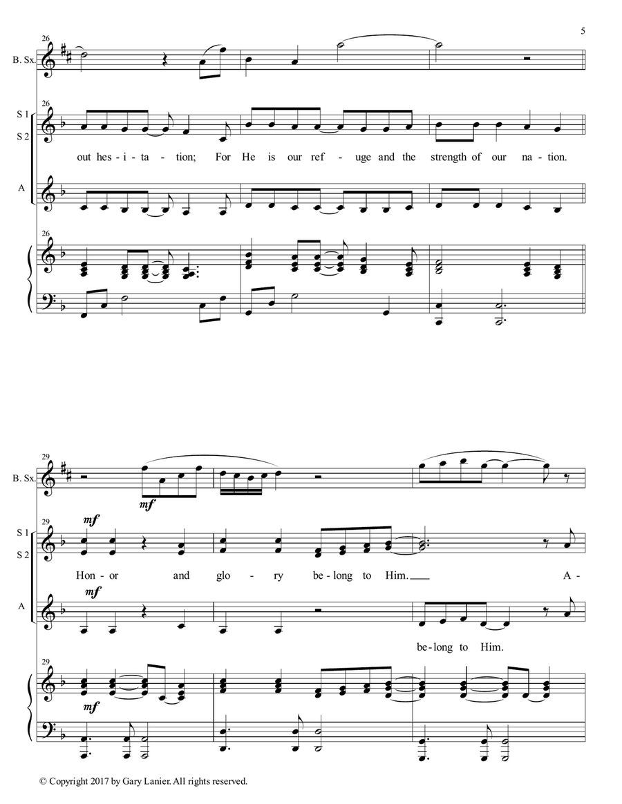 AMERICA, HONOR GOD (Ladies Trio - SSA with Baritone Sax & Piano) SSA scores gallery preview page 6