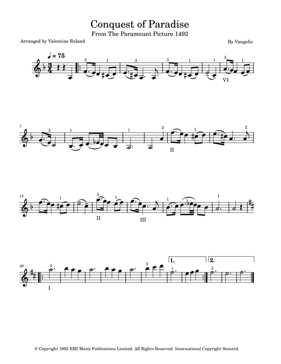Conquest Of Paradise Violin Solo scores gallery preview page 1