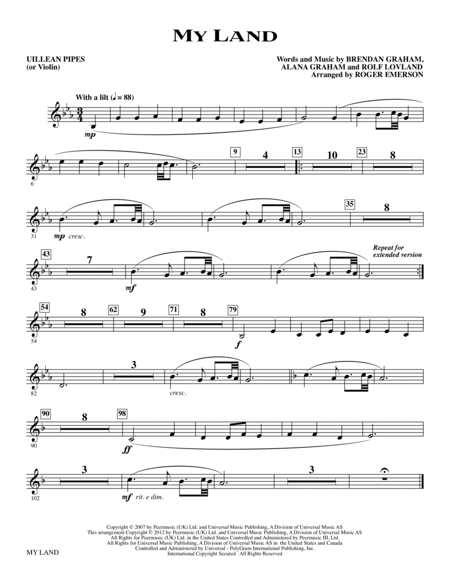 My Land (arr. Roger Emerson) - Uillean Pipes (Violin) Choir scores gallery preview page 1