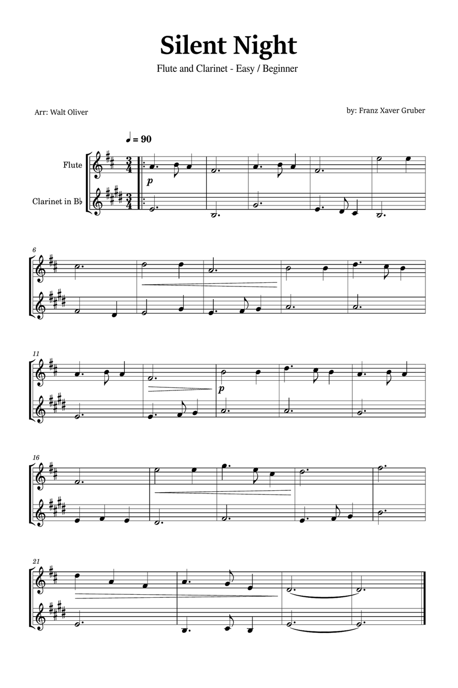 Silent Night for Flute and Clarinet (Easy - Beginner) - in D major