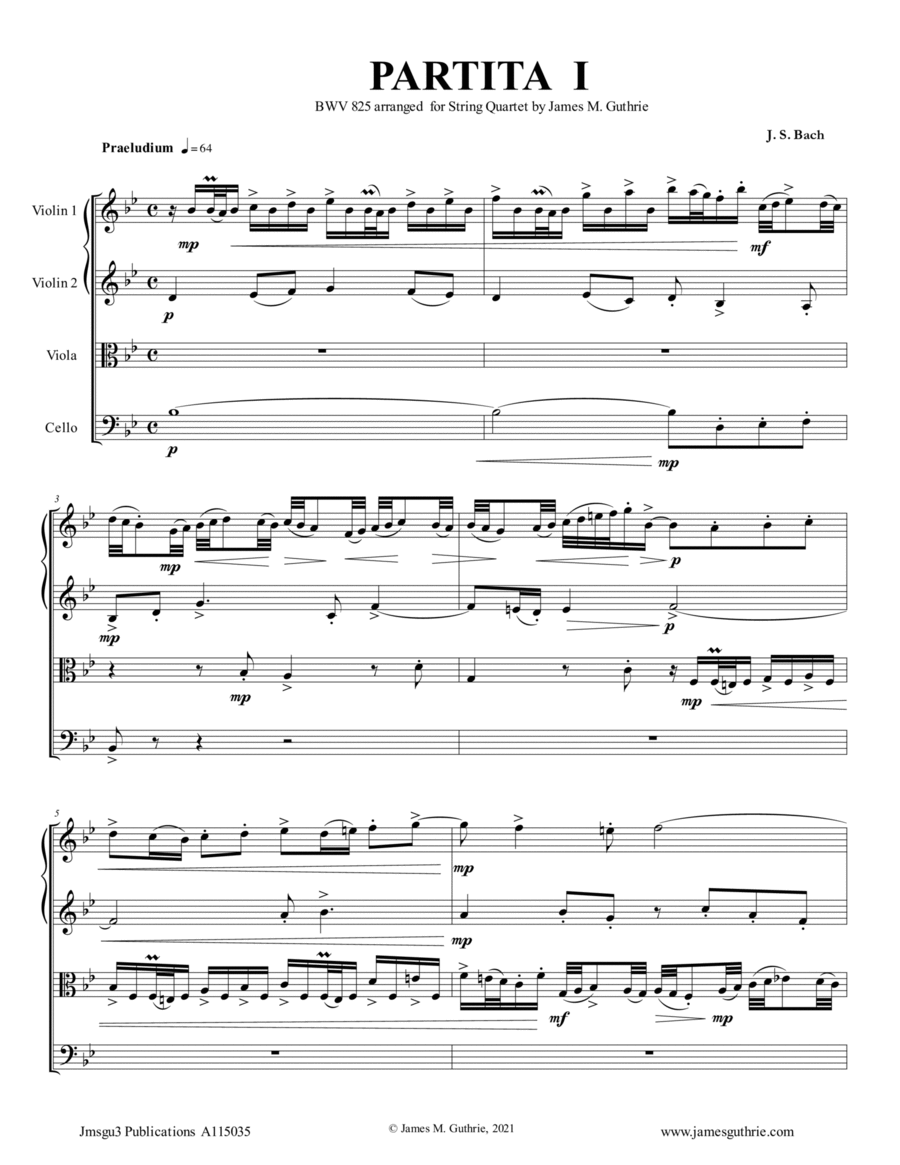 BACH: 6 Partitas Complete BWV 825-830 for String Quartet String Quartet scores gallery preview page 1