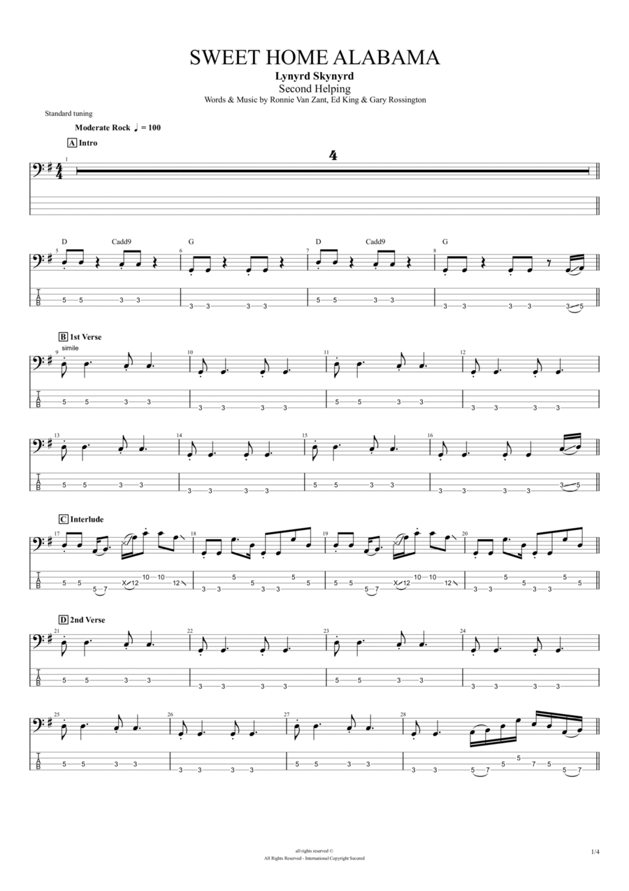Sweet Home Alabama Bass Guitar scores gallery preview page 1