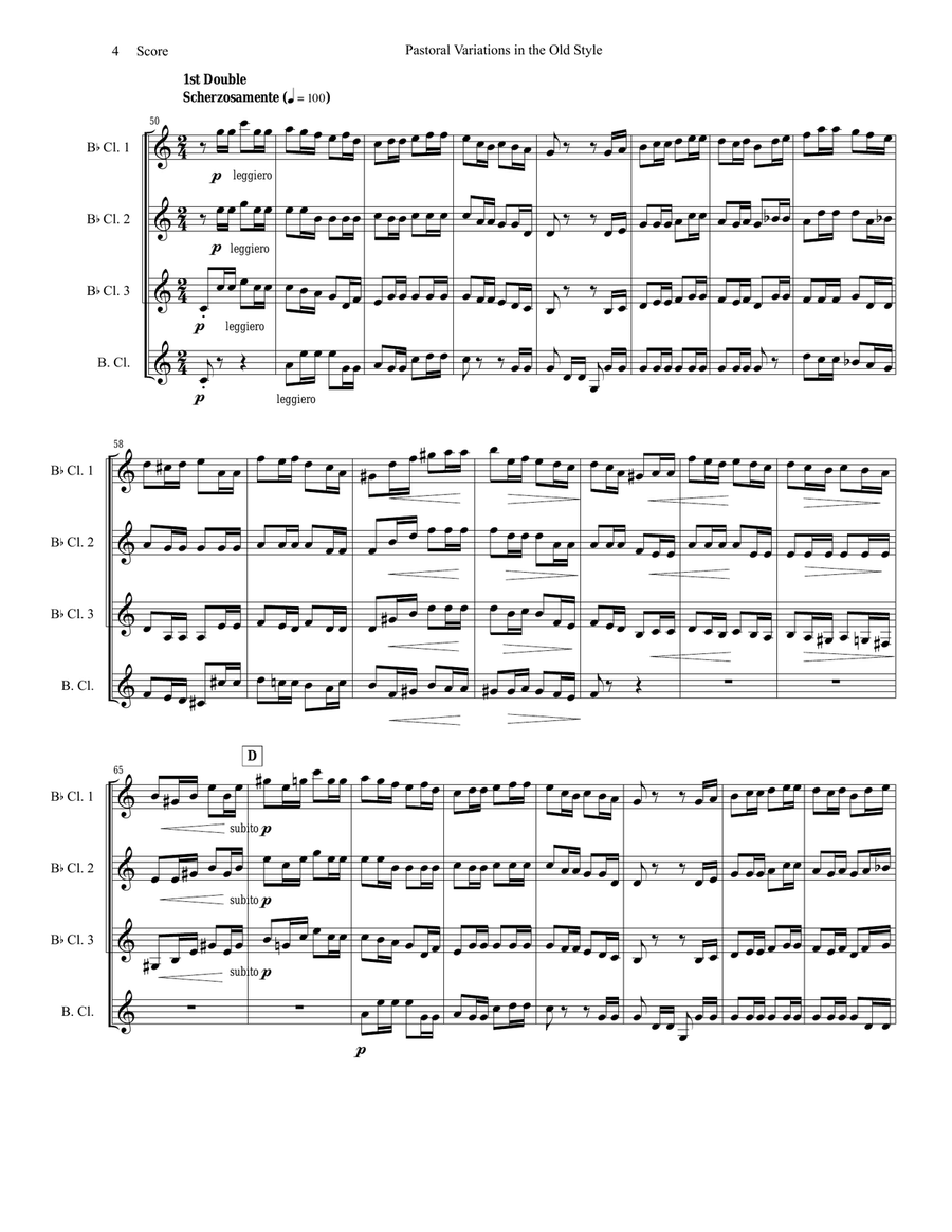 Pierne Pastoral Variations in the Old Style set for clarinet quartet Clarinet Quartet scores gallery preview page 4