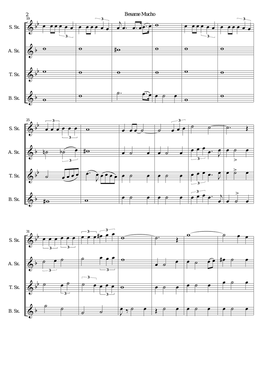Besame Mucho (Kiss Me Much) Saxophone Quartet scores gallery preview page 2