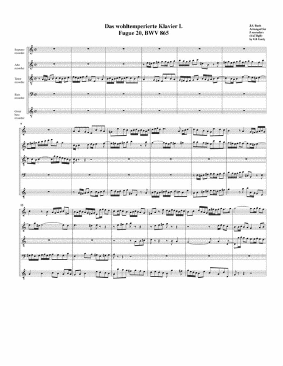 Fugue from Das wohltemperierte Klavier I, BWV 865/II Recorder scores gallery preview page 1