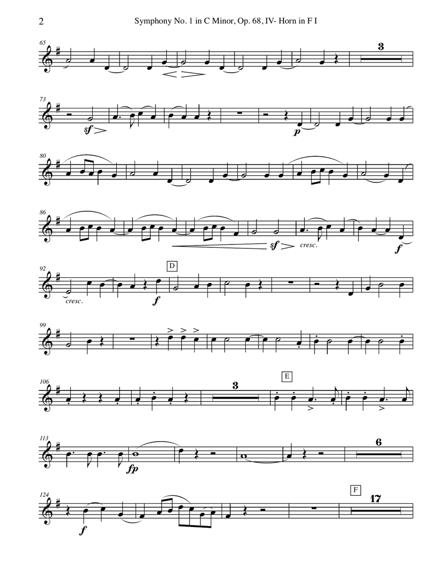 Brahms Symphony No. 1, Movement IV - Horn in F 1 (Transposed Part), Op. 68 Horn Solo scores gallery preview page 2