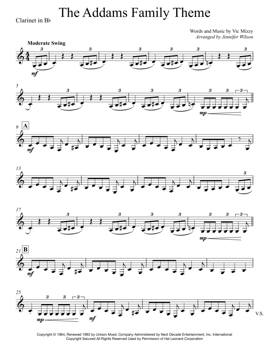 The Addams Family Theme Clarinet Solo scores gallery preview page 1