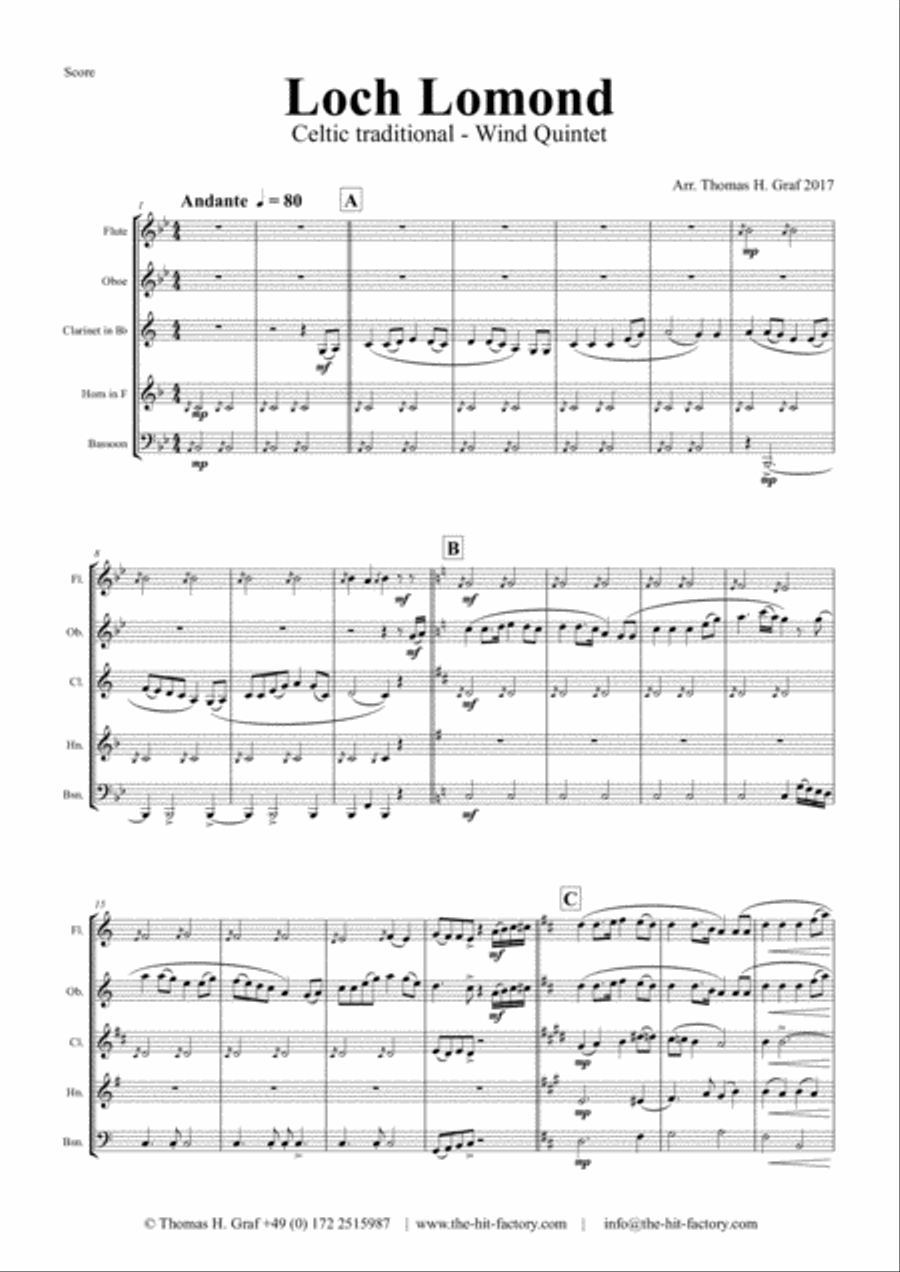 Loch Lomond - Celtic Traditional - Wind Quintet Woodwind Quintet scores gallery preview page 1