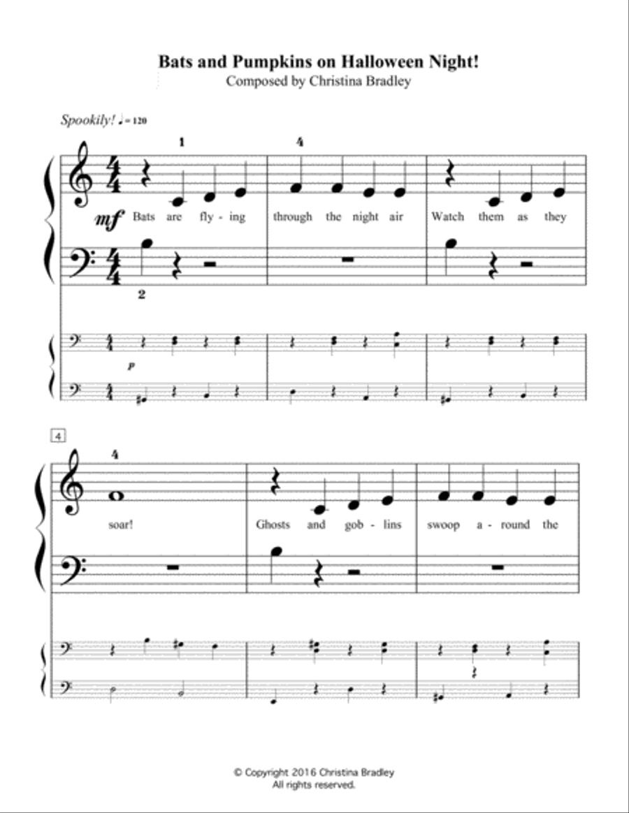 Bats and Pumpkins on Halloween Night! Easy Piano scores gallery preview page 1