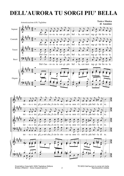 DELL'AURORA TU SORGI PIU' BELLA - Arr. for SATB Choir and Organ - Score Only by Renato Tagliabue 4-Part - Digital Sheet Music