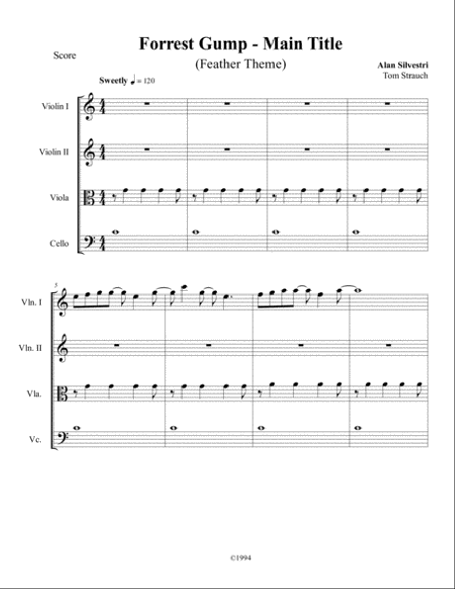 Forrest Gump - Main Title (Feather Theme) from the Paramount Motion Picture FORREST GUMP String Quartet scores gallery preview page 1