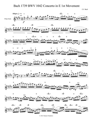 Bach 1739 BWV 1042 Concerto in E arr Flute Quartet Parts & Score