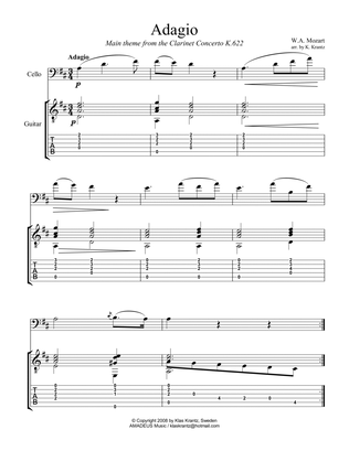 Adagio from the clarinet concerto (theme) for cello and easy guitar (TAB)