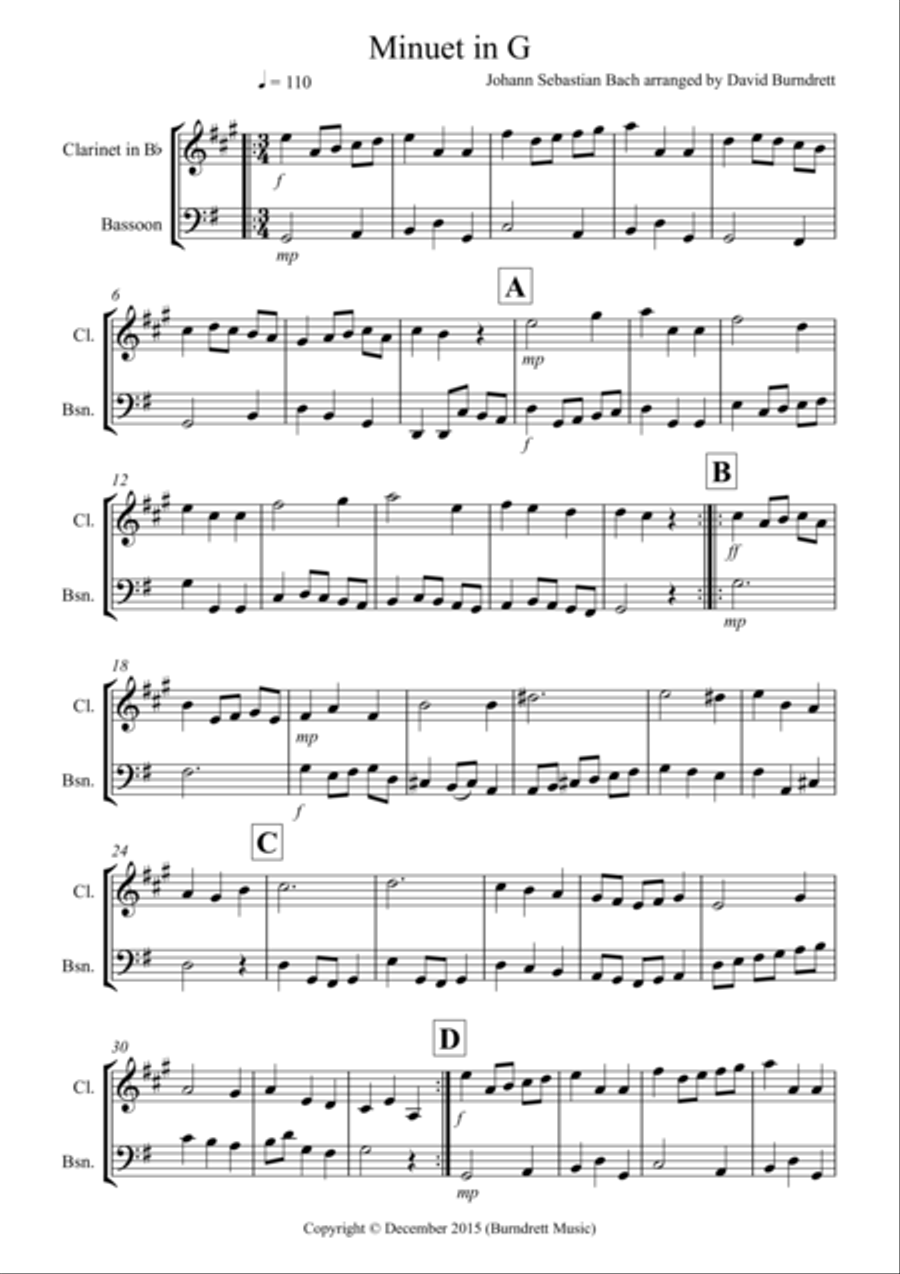 Minuet in G by Bach for Clarinet and Bassoon Duet Woodwind Duet scores gallery preview page 1