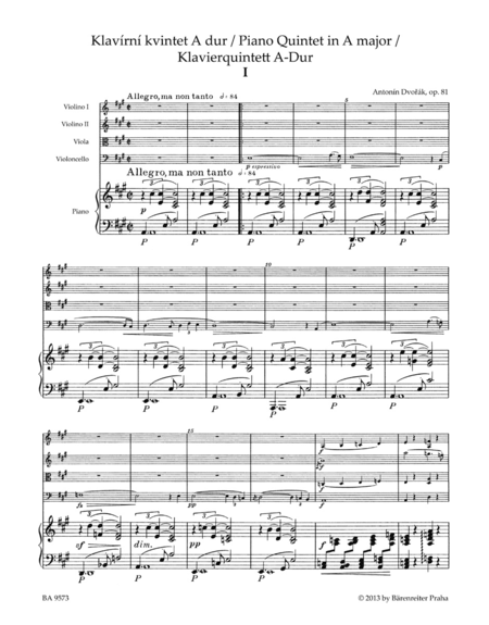 Piano Quintet A major op. 81 by Antonin Dvorak Cello - Sheet Music