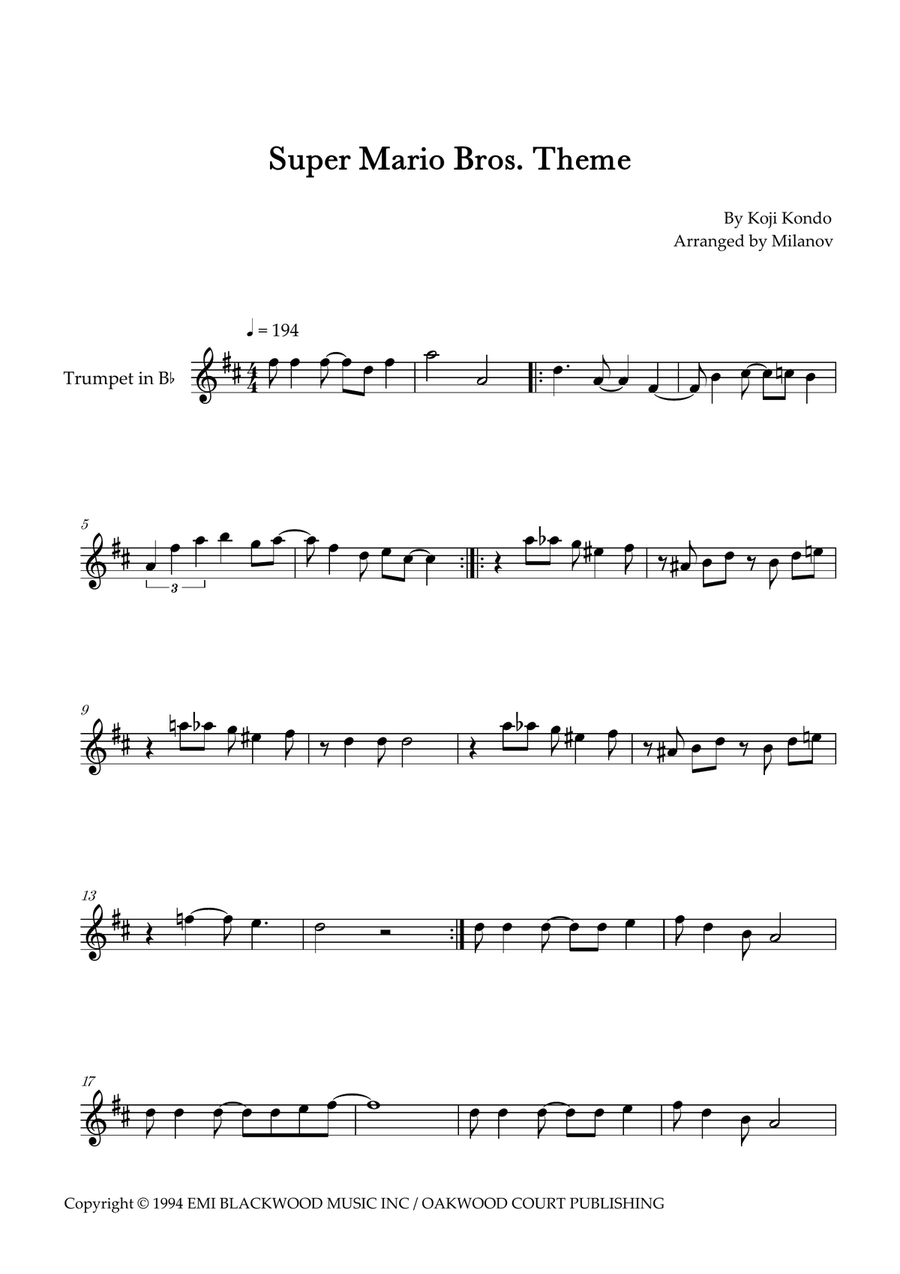 Super Mario Bros Theme B-Flat Trumpet scores gallery preview page 1