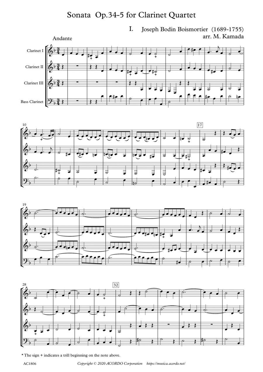 Sonata Op.34-5 for Clarinet Quartet Clarinet Quartet scores gallery preview page 1