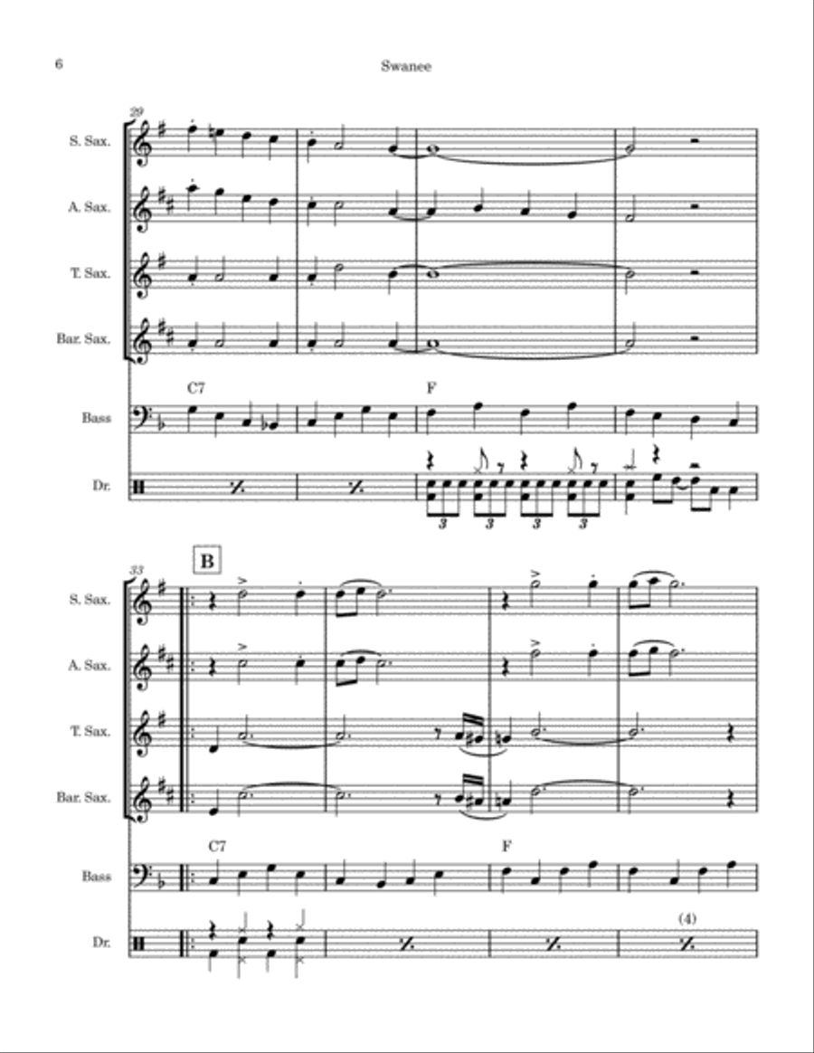 Swanee (saxophone quartet) Saxophone Quartet scores gallery preview page 6