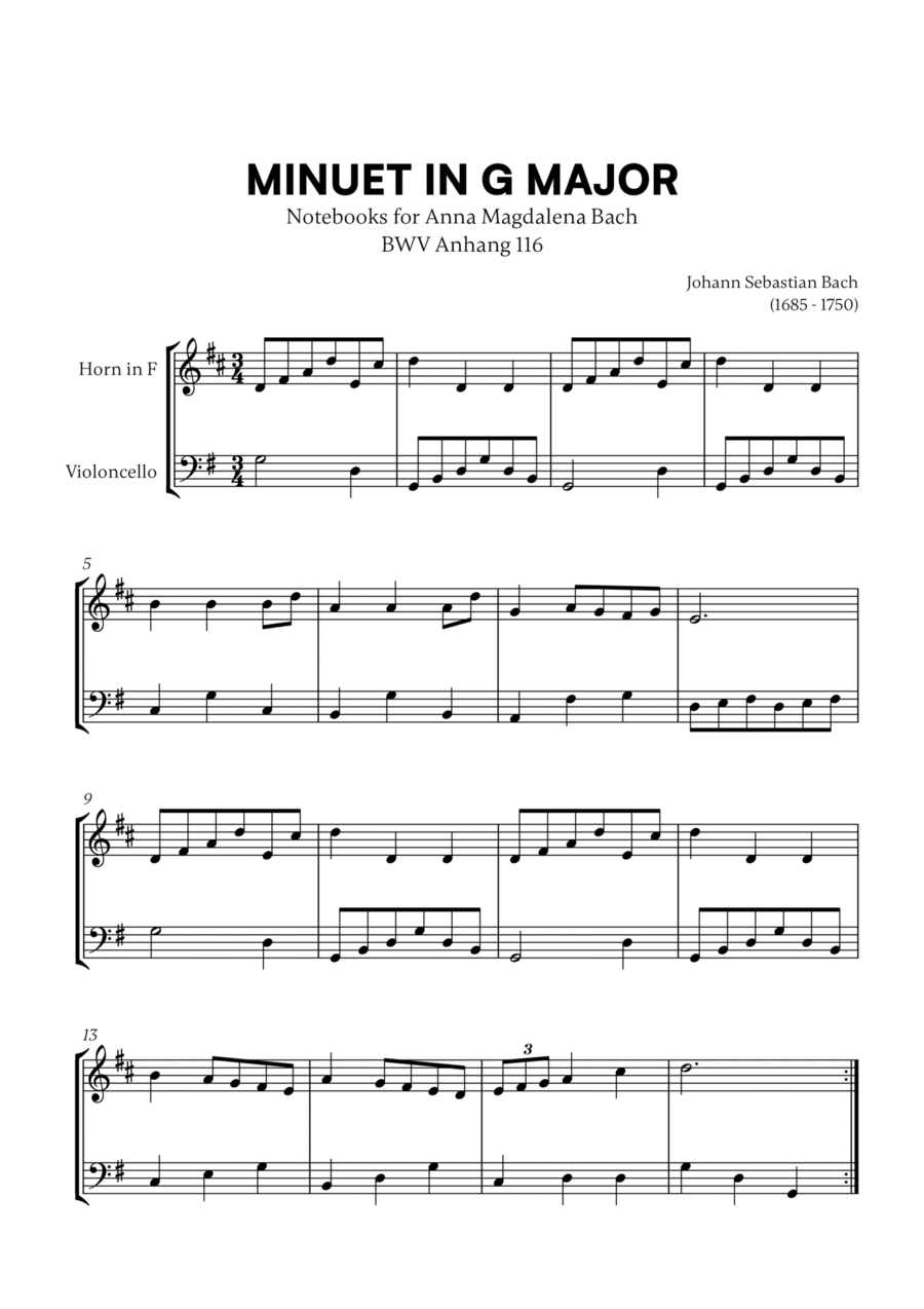 Minuet in G Major (BWV Anh. 116) (for French Horn and Cello) Horn scores gallery preview page 1