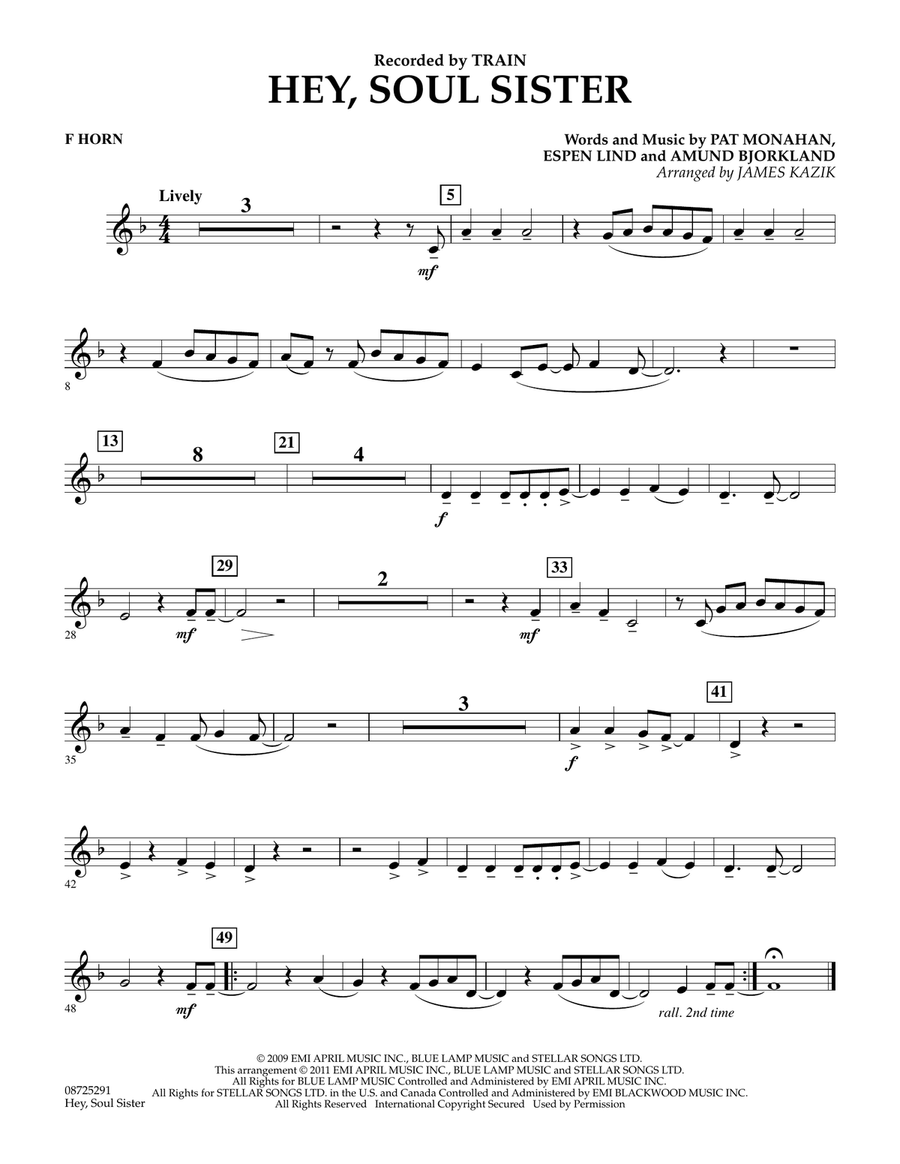 Hey, Soul Sister - F Horn Concert Band scores gallery preview page 1