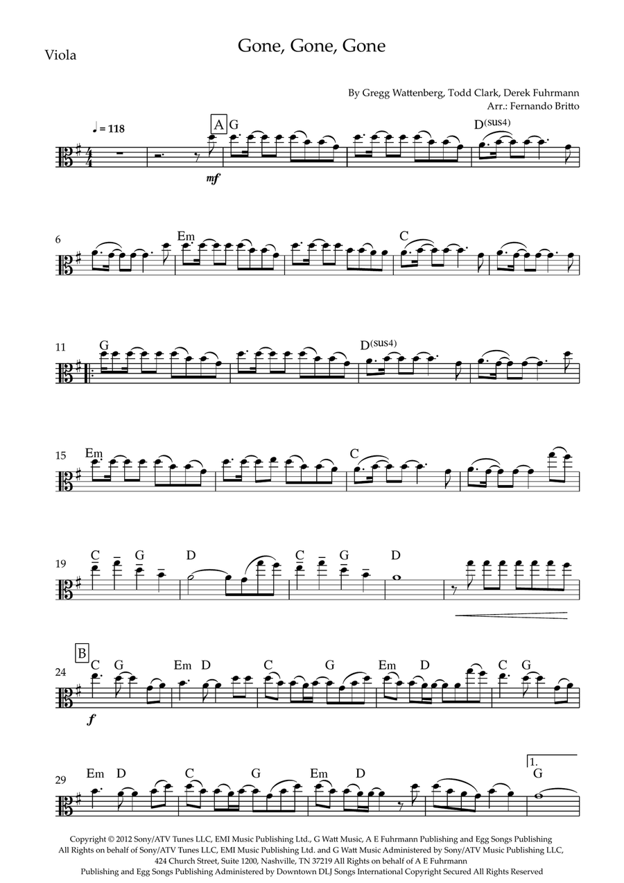 Gone, Gone, Gone by Phillip Phillips Viola Solo - Digital Sheet Music