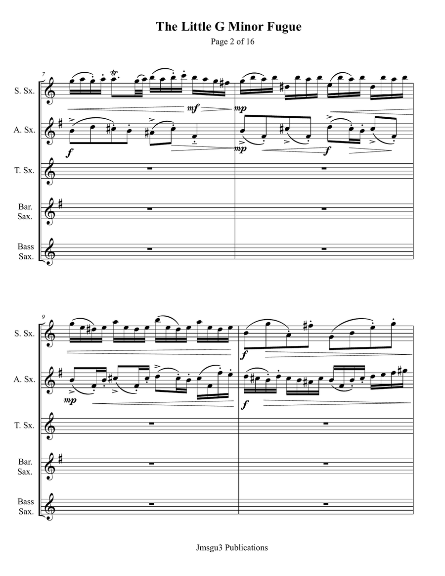 Bach: The Little Fugue in G Minor BWV 578 for Saxophone Quintet Saxophone Quintet scores gallery preview page 2