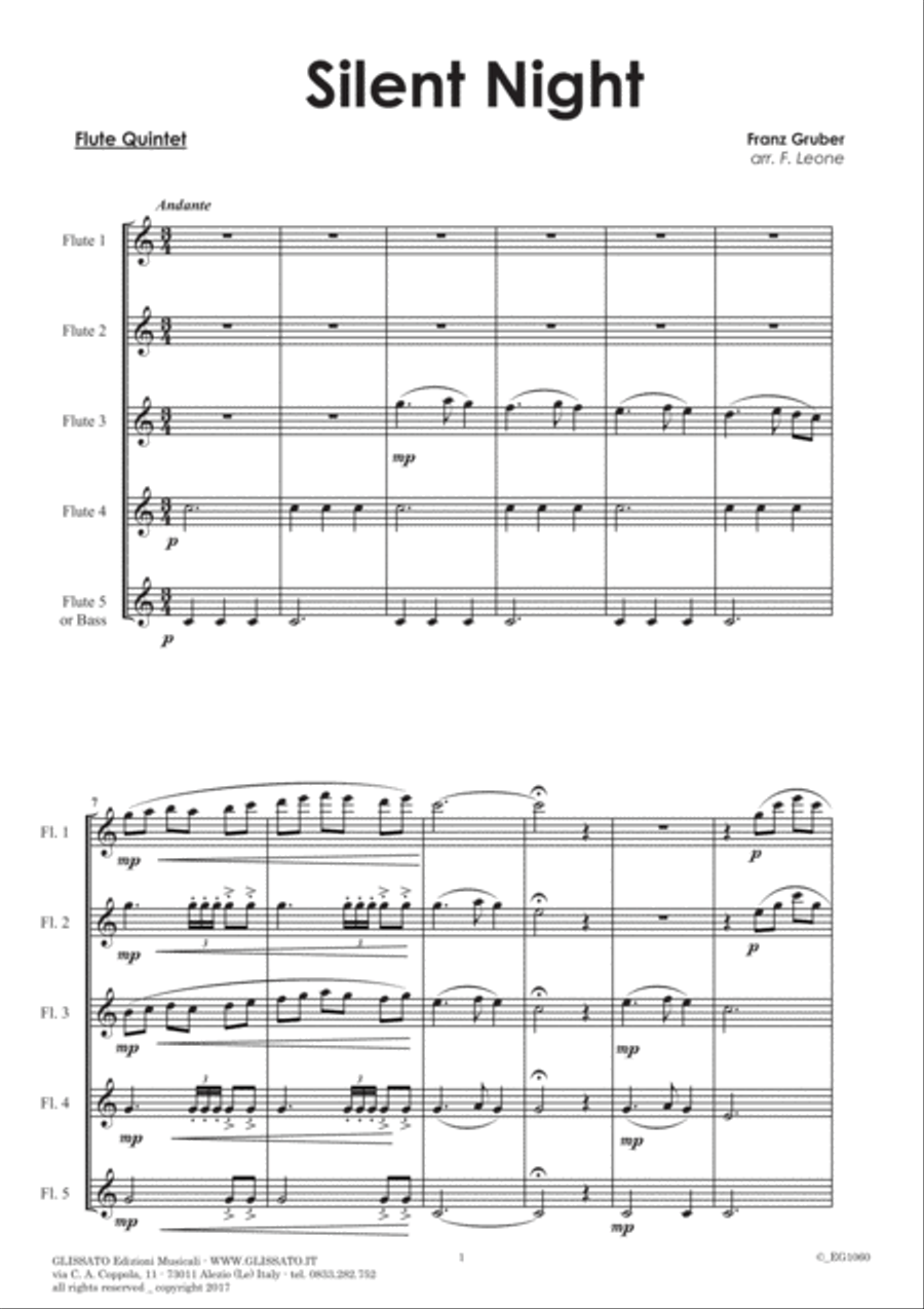 Silent Night - Flute Quintet/Choir (score & parts) Woodwind Quintet scores gallery preview page 2