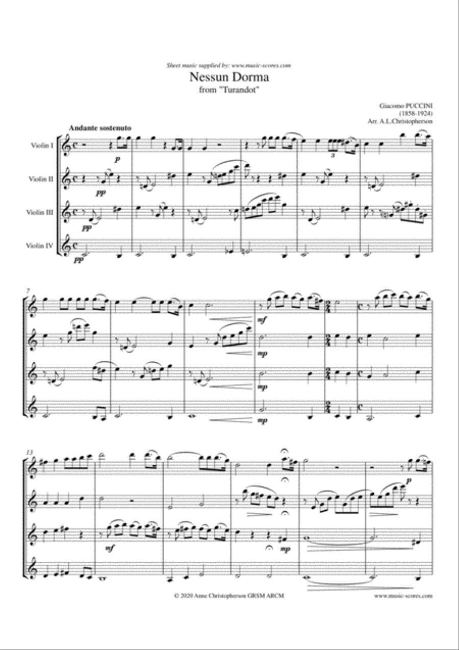 Nessun Dorma - Violin Quartet Violin Solo scores gallery preview page 1